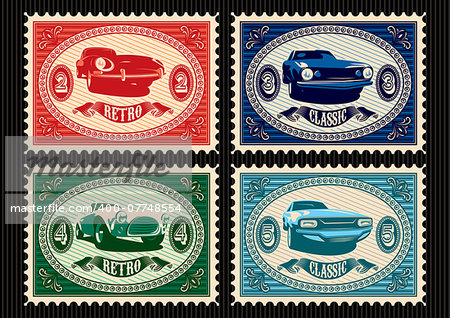 set of vector postage stamps with cars