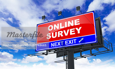 Online Survey - Red Billboard on Sky Background. Business Concept.