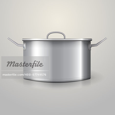 Aluminum saucepan with flat lid and two handles. Isolated vector illustration on gray.