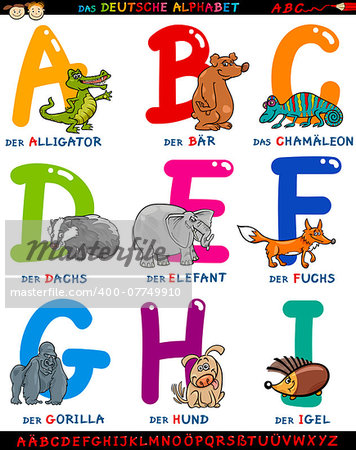 Cartoon Illustration of Colorful German or Deutsch Alphabet Set with Funny Animals from Letter A to I
