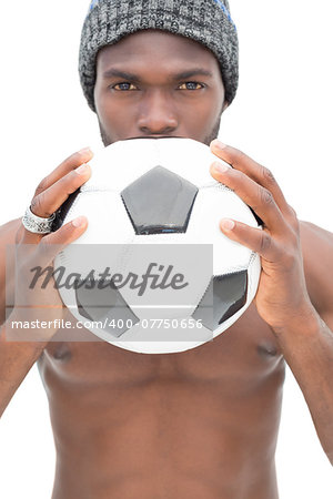 Close up portrait of a serious football fan over white background