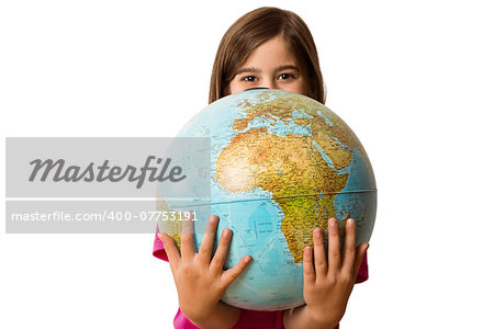 Cute pupil smiling holding globe on white background