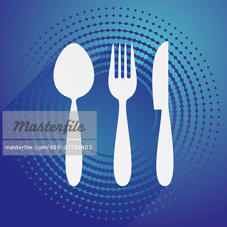 Restaurant menu icon with cutlery blue halftone design