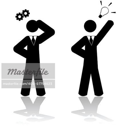 Concept illustration showing a businessman thinking about a problem and then finding a solution