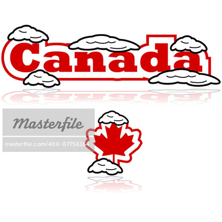 Concept illustration showing the word Canada and a Canadian maple leaf icon partially covered in snow