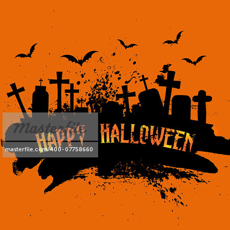 Spooky grunge Halloween background with gravestones and bats