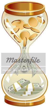 Time is money. Hourglass coins and notes. Illustration in vector format