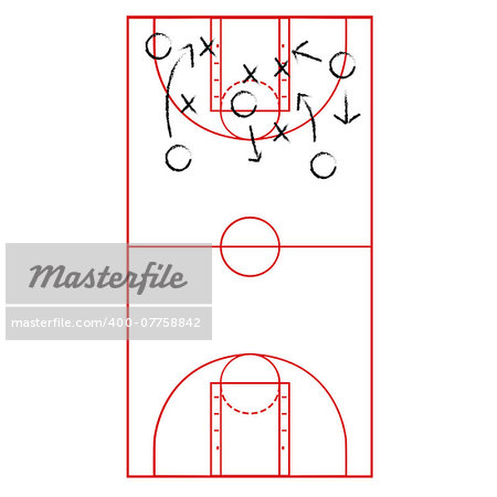 Cartoon illustration showing a basketball court drawn onto a flipboard with arrows representing a game plan