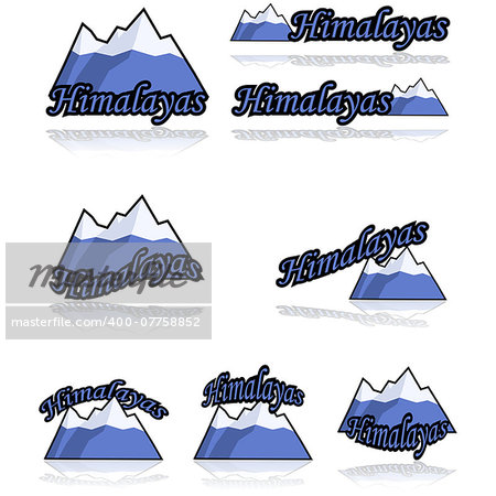 Icon set showing a cartoon range of mountains combined with different variations of the word Himalayas