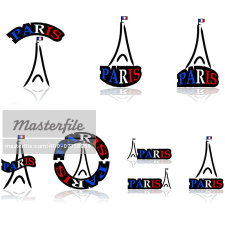 Icon set showing a free interpretation of the Eiffel tower combined with different variations of the word Paris