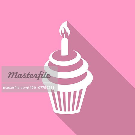 White birthday cupcake on pink background flat design