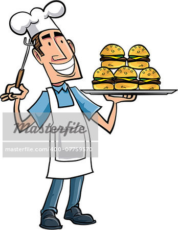 Cartoon chef with hamburgers on a serving platter