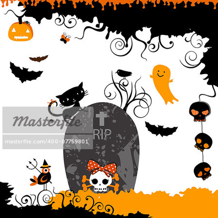 halloween themed design with a little cat on a grave stone