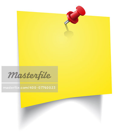 Yellow blank sticker attached with red pin on white. Vector illustration