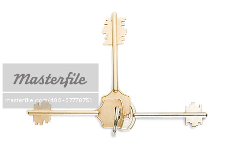Key ring with three keys on on white background clipping path included