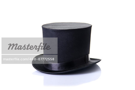 Black classic top hat, isolated on white background with soft reflection