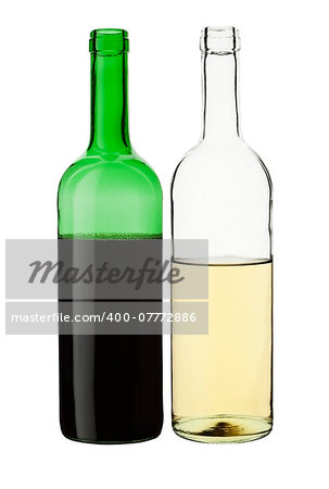 Red and white wine in transparent bottles without labels isolated on white background.