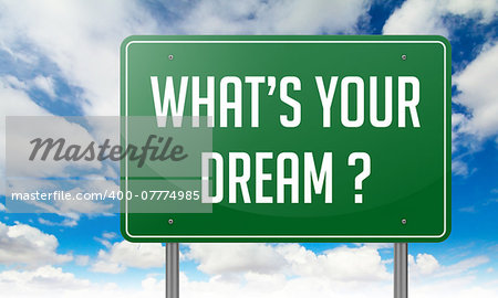 Highway Signpost with Whats Your Dream wording on Sky Background.
