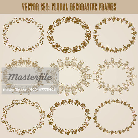 Vector set of decorative ornate border and frame with floral elements for invitations, gift, greeting card. In vintage style. Page decoration