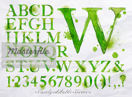 Alphabet set drawn watercolor blots and stains with a spray green color. Easily editable. Vector