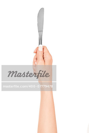 hand holding a knife on an isolated white background