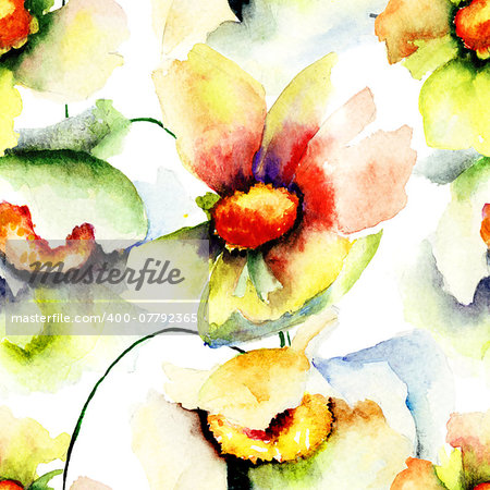 Seamless wallpaper with summer flowers, Watercolor painting