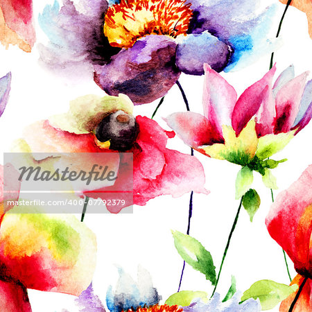 Summer seamless pattern with flowers, watercolor illustration