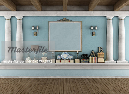 Classic blue room with shelf in masonry,columns and vintage objects- rendering