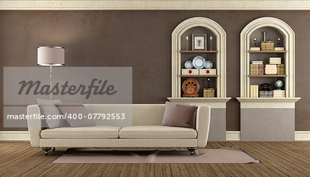 Vintage living room with modern sofa and arched niche - rendering