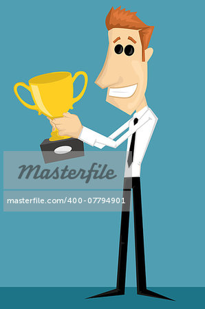 Cartoon office worker with with a trophy