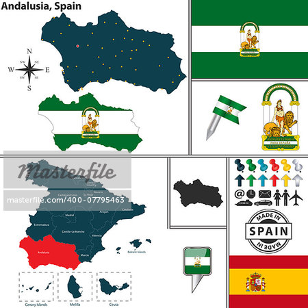 Vector map of region of Andalusia with coat of arms and location on Spanish map