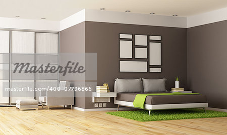 Brown and green contemporary bedroom - 3D Rendering