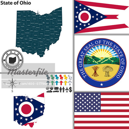 Vector set of Ohio state with seal and icons on white background