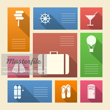 Square colored vector icons with white silhouette symbols for vacation and place for your text.