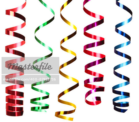 Curled holiday ribbons strip isolated on white background, stock photo