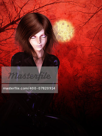 Woman in leather coat on red background with moon and trees.