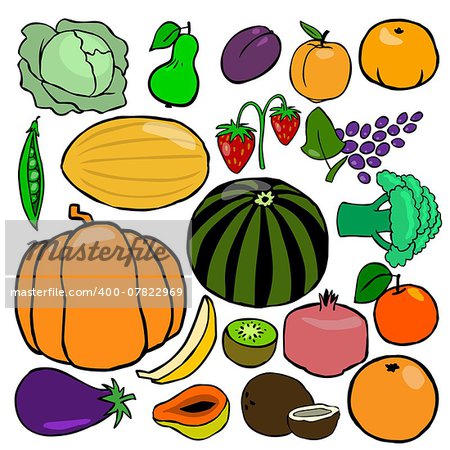 Green pear, red apple, plum, apricot, strawberry, purple grapes, garnet, orange, persimmon, kiwi, coconut, mango, banana, watermelon, melon, pumpkin, cabbage, cauliflower, eggplant, peas.