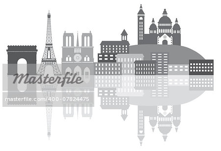 Paris France City Skyline Outline Silhouette Grayscale with Reflection Isolated on White Background Panorama Illustration