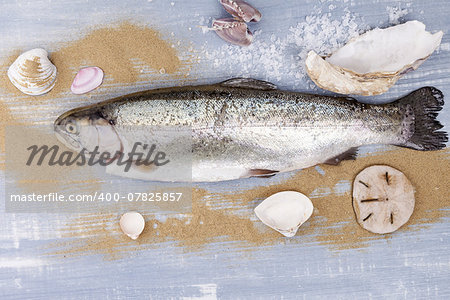 Culinary seafood eating. Fresh trout on blue wooden background with sand, sea salt and seashell.