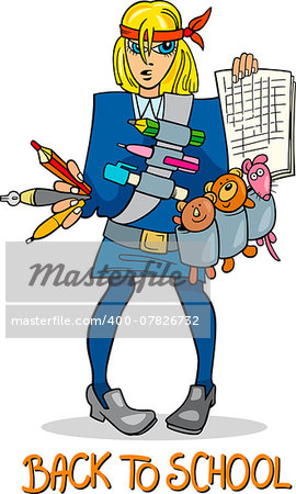 Cartoon Humorous Illustration of Teenage Girl Student Coming Back to School