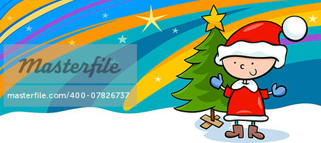 Greeting Card Cartoon Illustration of Cute Boy Santa Claus with Christmas Tree