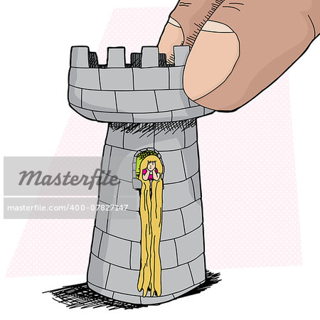 Blond Rapunzel character waiting inside rook piece