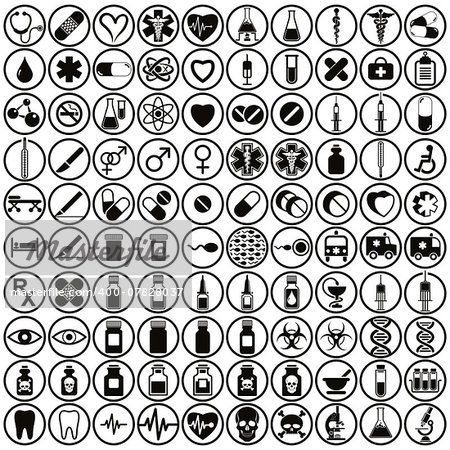 100 medical icons set, black and white vectors collection.