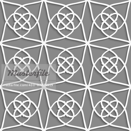 Seamless abstract background of white 3d shapes with realistic shadow and cut out of paper effect. White geometrical ornament on gray.