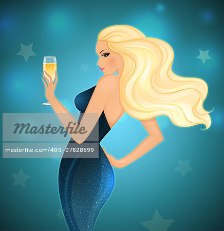 Vector illustration of Elegance blond woman with champagne