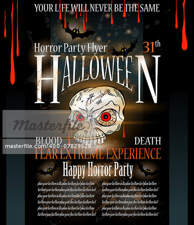 Halloween Horror Party flyer with a lot of themed elements and blood drops, bats, pumpkins and so over.