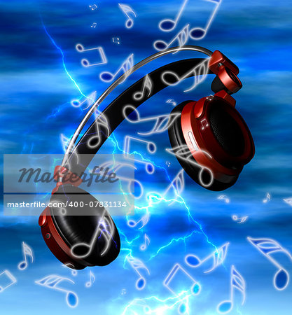 Realistic headphones with music notes at sky background