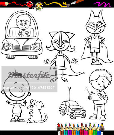 Coloring Book or Page Cartoon Illustration of Color and Black and White Happy Children Set