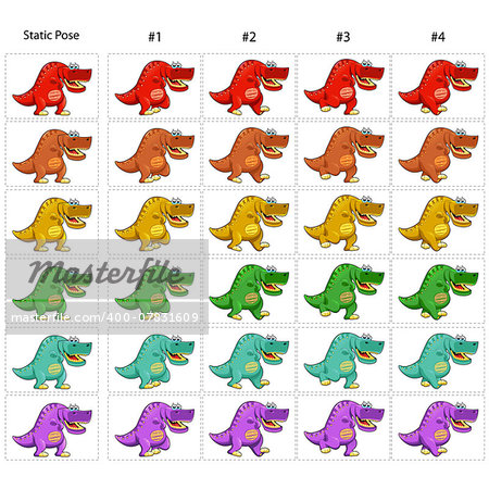 Animation of  six funny dinosaurs walking. Four walking frames + 1 static pose. Vector cartoon isolated character/frames.