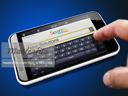 New Solutions in Search String - Finger Presses the Button on Modern Smartphone on Blue Background.